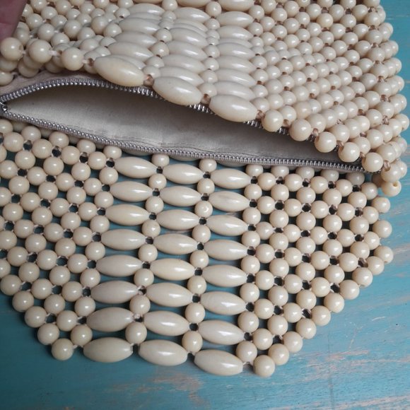 Vintage Beaded Clutch Bag Mini Zipper Closure Creamy Beige Round Oval Beads - Picture 7 of 12